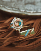 "TWAIN" - FLAT TOP WEDDING RING FEATURING DIAGONAL TURQUOISE & WHISKEY BARREL OAK INLAYS-5