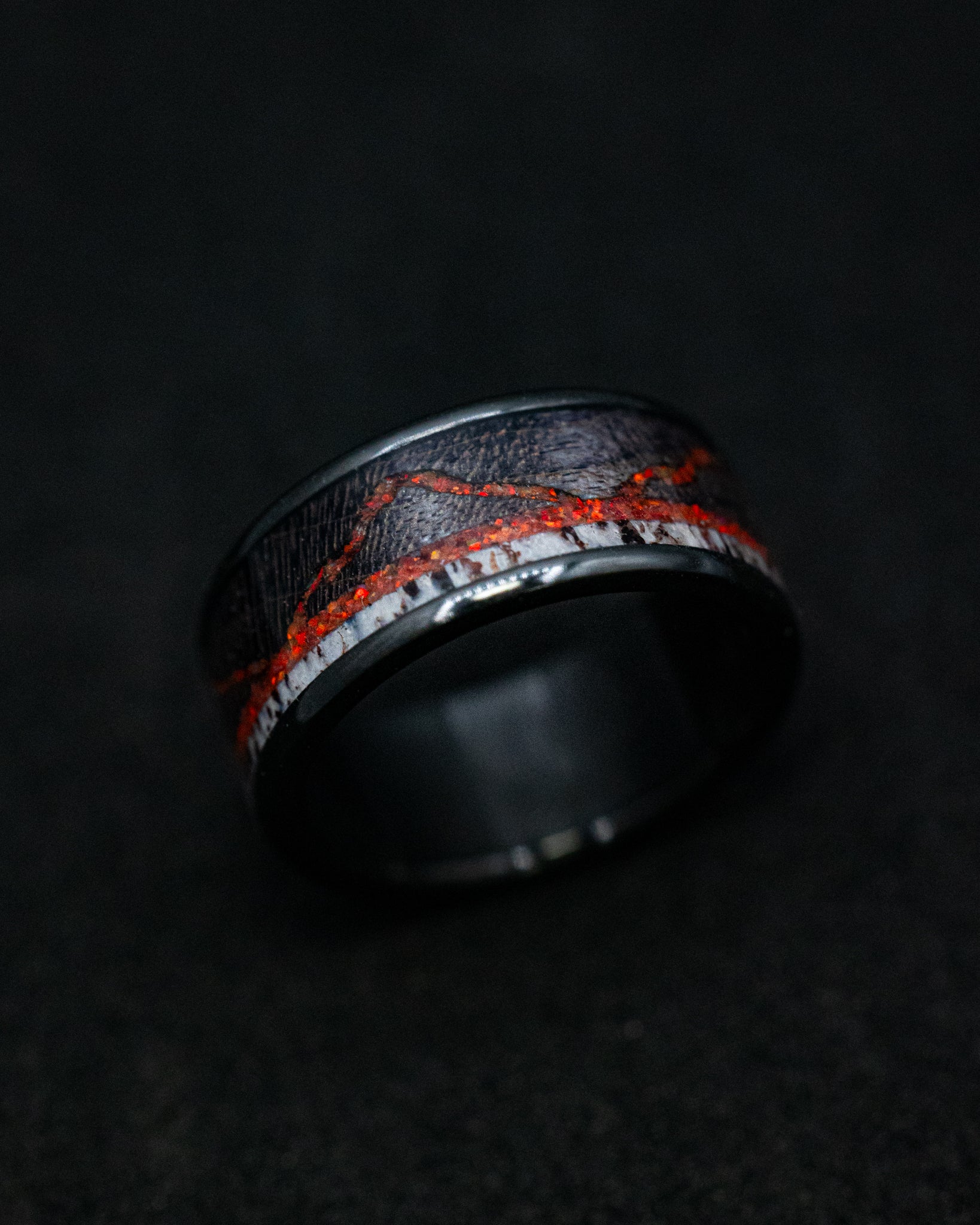 "THE EXPEDITION" - MOUNTAIN ENGRAVED WEDDING RING WITH DARK MAPLE, RED OPAL & ANTLER-4