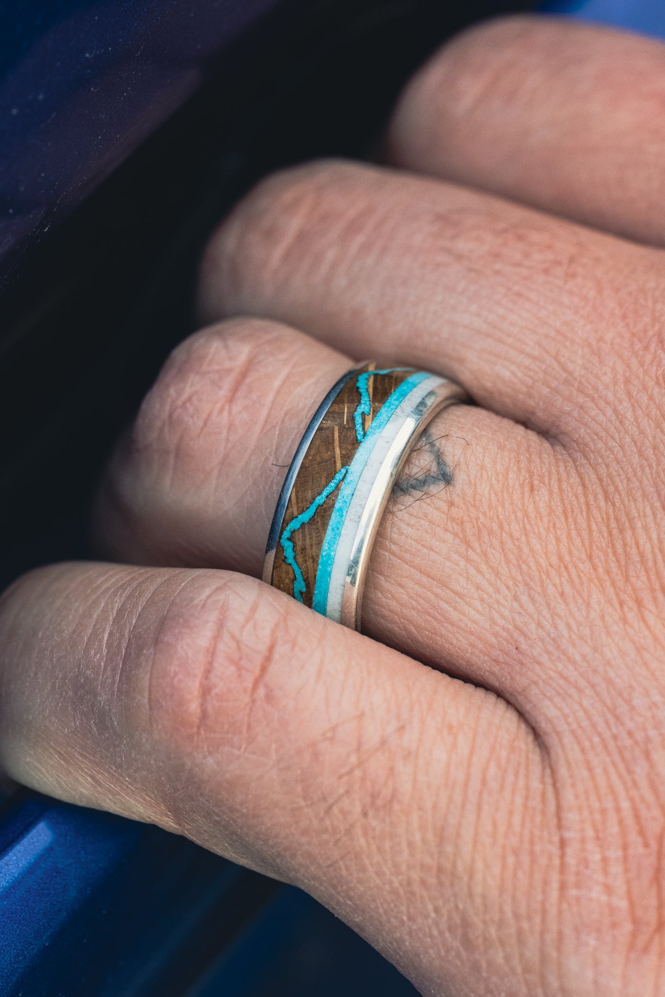 "THE EXPEDITION" - MOUNTAIN ENGRAVED WEDDING RING WITH WHISKEY BARREL OAK, MALACHITE & ANTLER-Staghead Designs