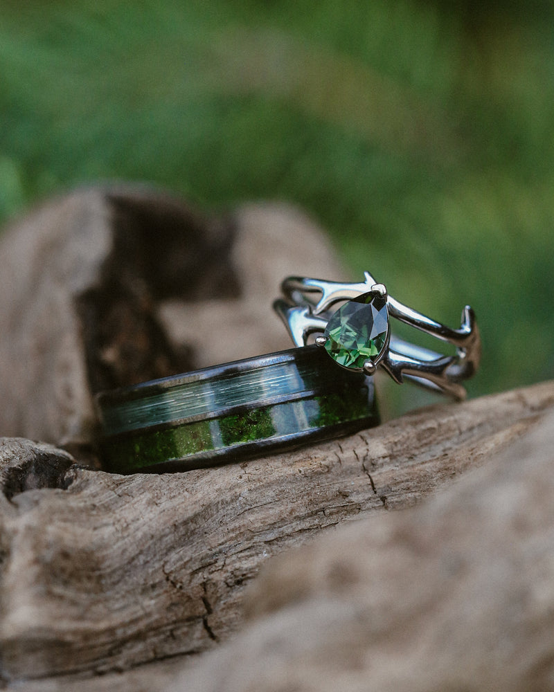 ARTEMIS - PEAR GREEN TOURMALINE ENGAGEMENT RING WITH AN ANTLER-STYLE