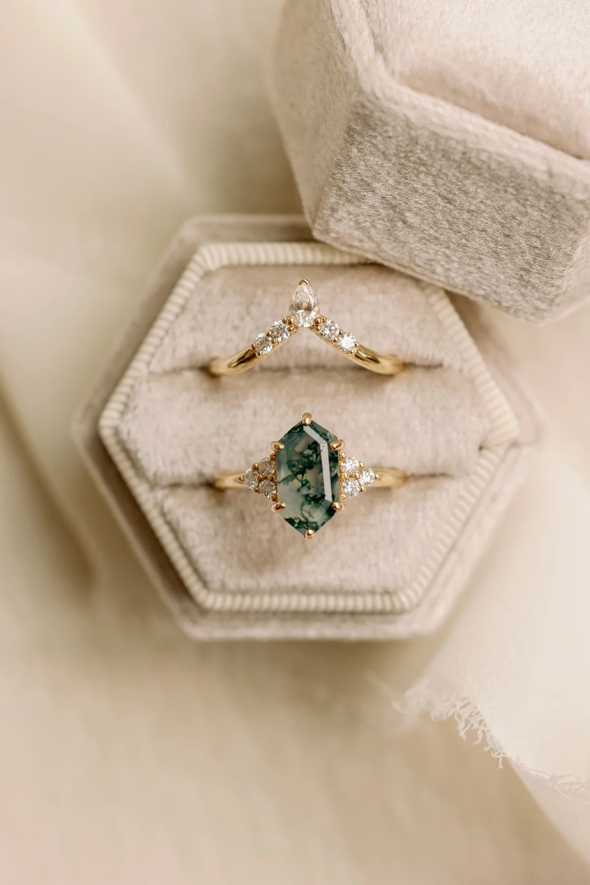 "Octavia" - Elongated Hexagon Cut Moss Agate Engagement Ring With Diamond Accents - 14K Rose Gold - Size 7 1/4