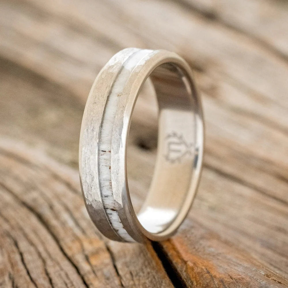"VERTIGO" - ANTLER WEDDING RING FEATURING A HAMMERED FINISH - TITANIUM - SIZE 8 3/4-Staghead Designs