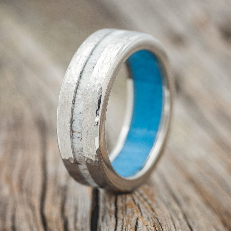 "VERTIGO" - ANTLER WEDDING RING FEATURING A HAMMERED & TURQUOISE LINED BAND-1