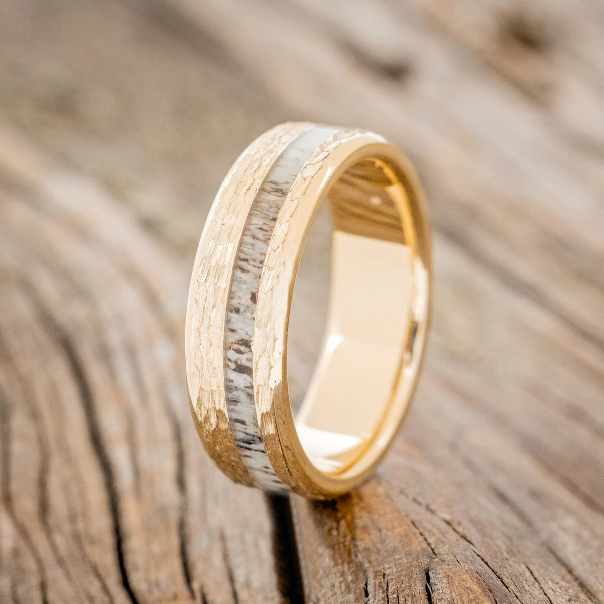 "VERTIGO" - ANTLER WEDDING RING WITH HAMMERED FINISH - 14K YELLOW GOLD (6MM) - SIZE 12-Staghead Designs