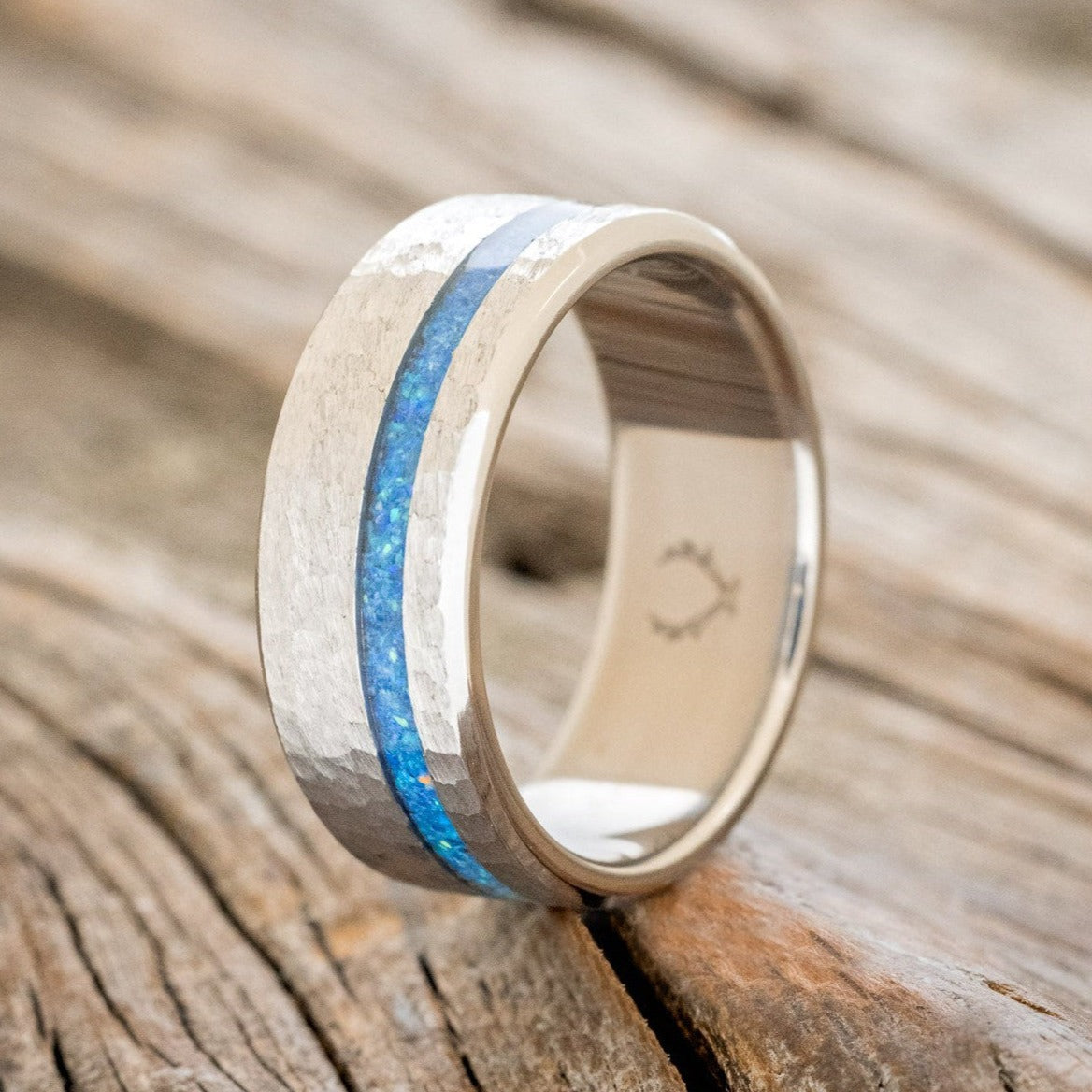 "VERTIGO" - BLUE OPAL WEDDING BAND WITH A HAMMERED FINISH-1