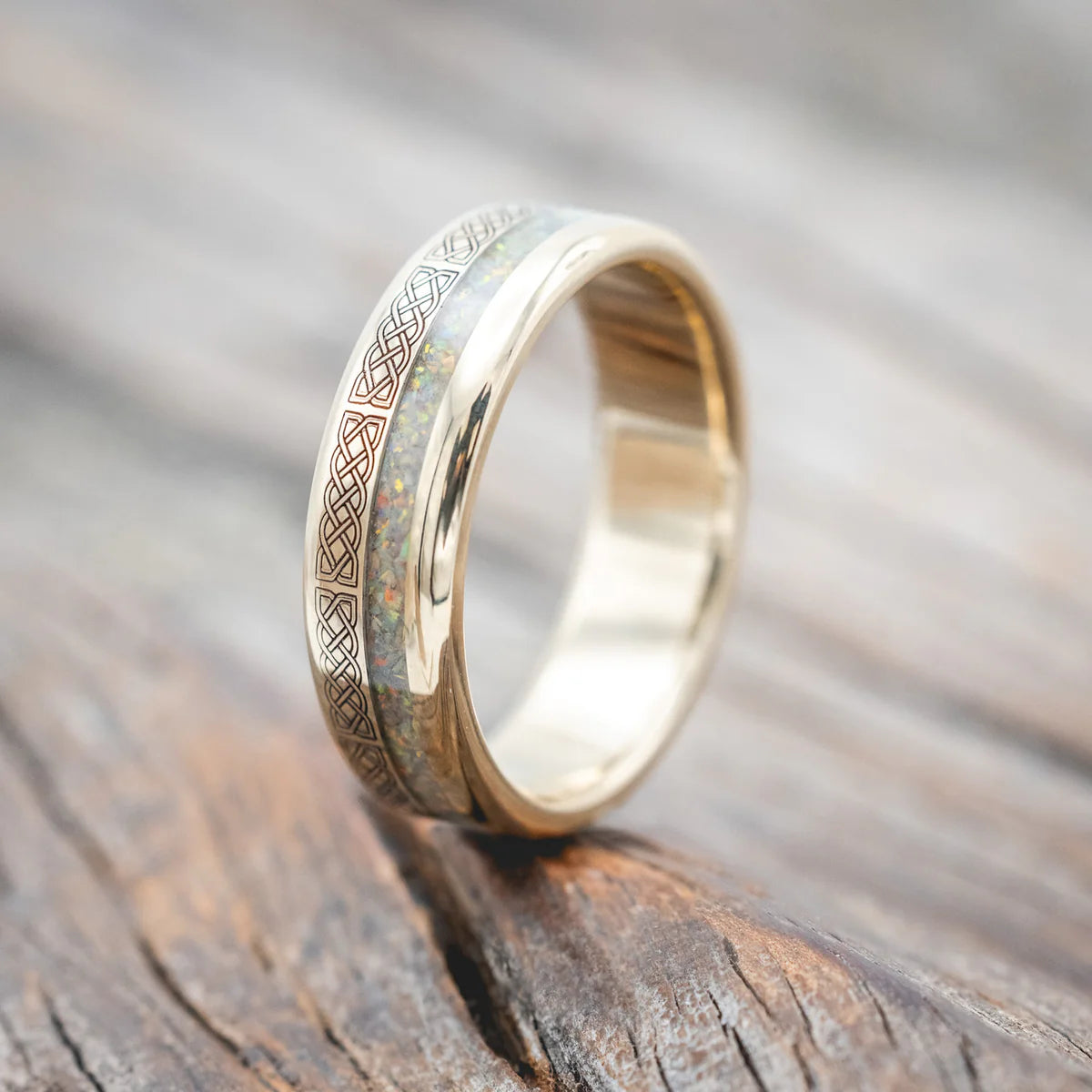 "VERTIGO" - CELTIC SAILOR'S KNOT ENGRAVED WITH FIRE & ICE OPAL WEDDING RING - 14K YELLOW GOLD (6MM)- SIZE 8 1/2-Staghead Designs