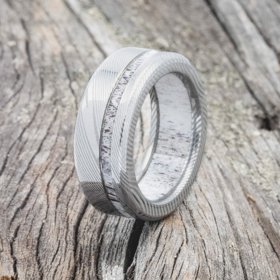 "VERTIGO" - ELK ANTLER WEDDING RING FEATURING AN ELK ANTLER LINED DAMASCUS STEEL BAND-1