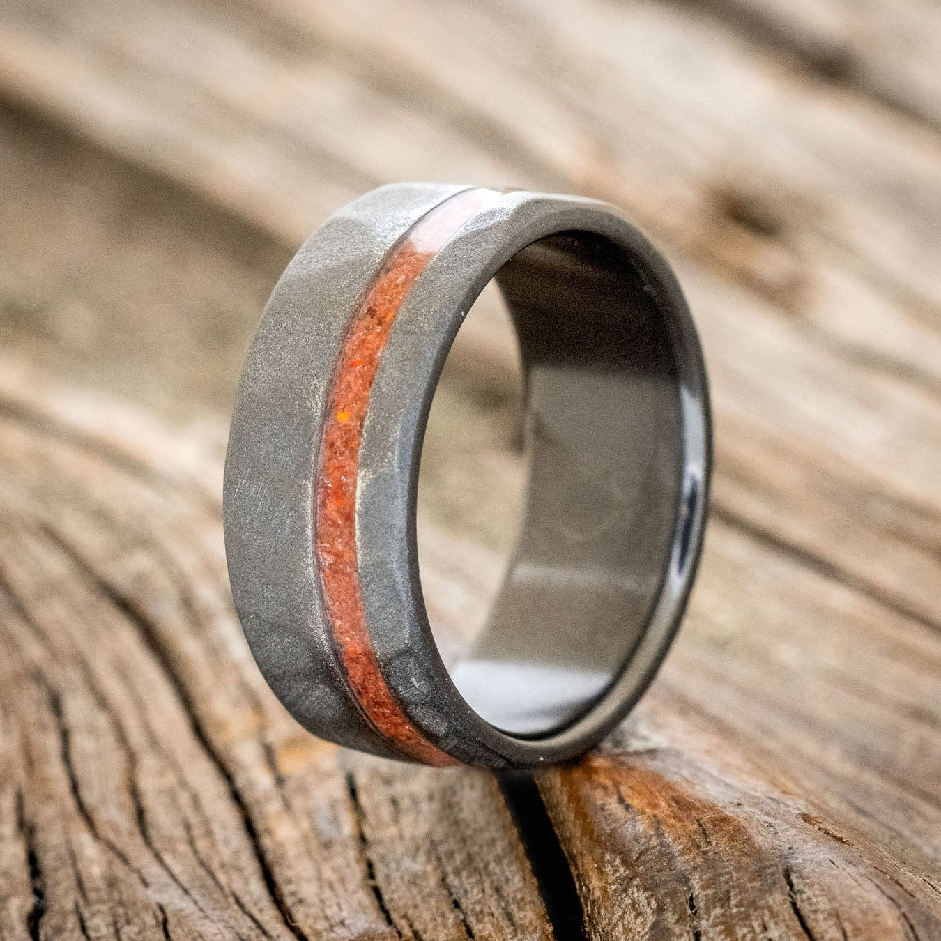 "VERTIGO" - FACETED RUBY RED OPAL WEDDING RING WITH A STONE WASH FINISH-1