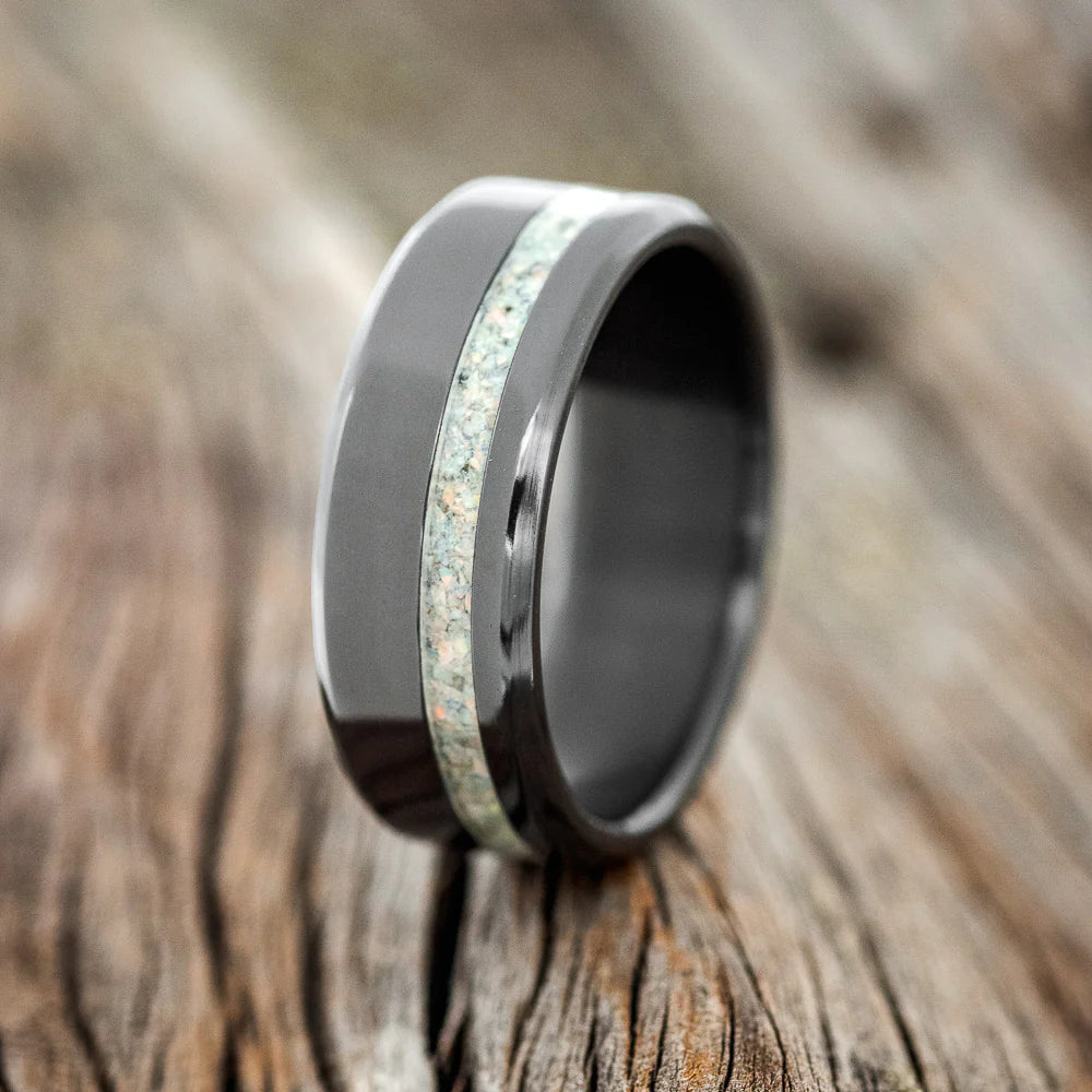 "VERTIGO" - FIRE & ICE OPAL WEDDING BAND - BLACK ZIRCONIUM - SIZE 12 3/4-Staghead Designs