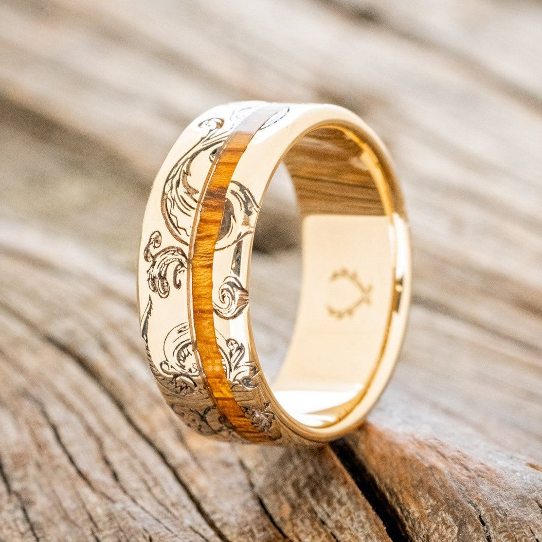 "VERTIGO" - FLORAL ENGRAVED IRONWOOD WEDDING RING-1