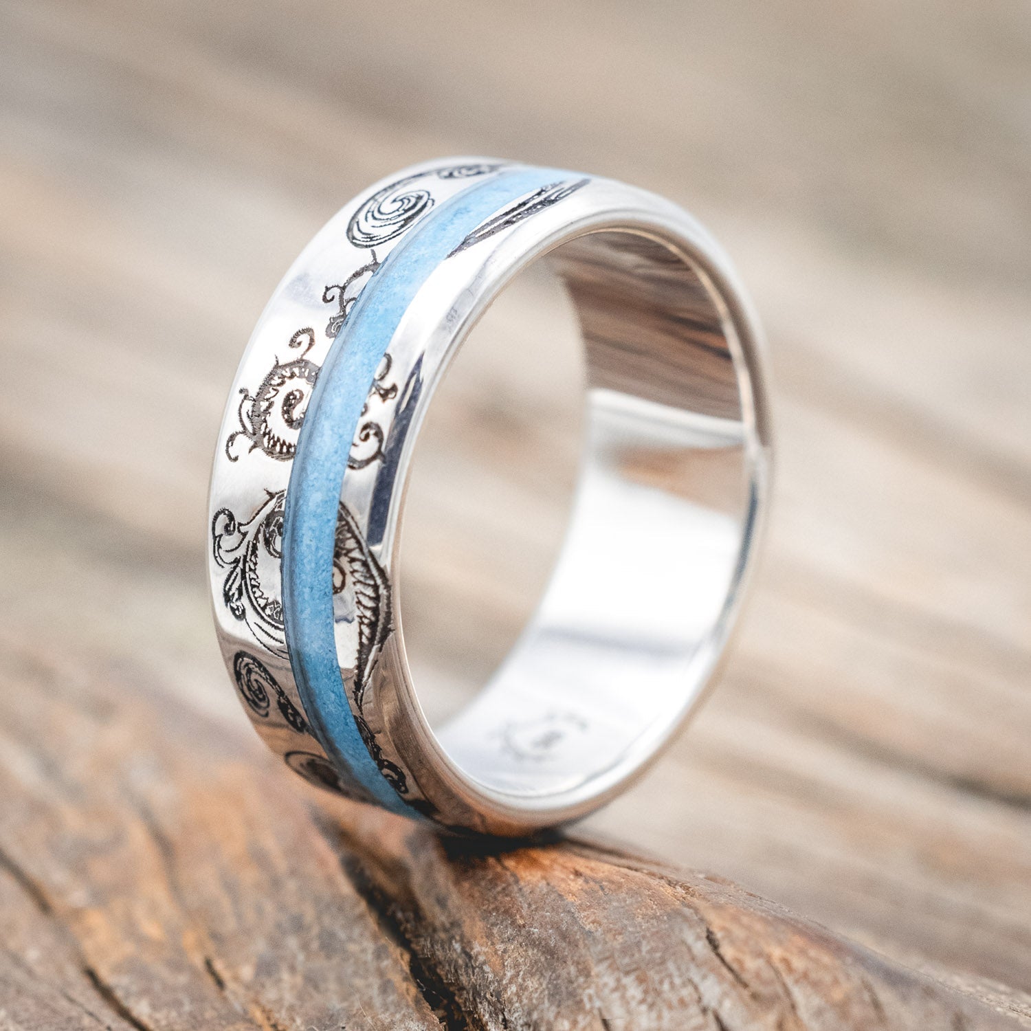 "VERTIGO" - FLORAL ENGRAVED TURQUOISE WEDDING RING-Staghead Designs