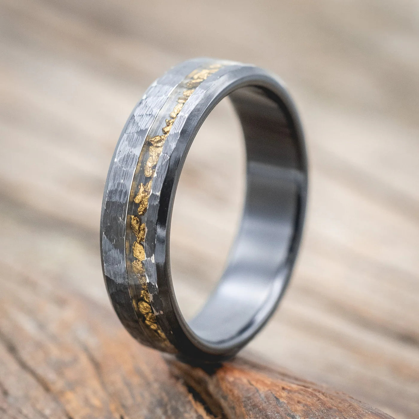 "VERTIGO" - GOLD NUGGET WEDDING RING - BLACK ZIRCONIUM (6MM) - SIZE 9 1/4-Staghead Designs