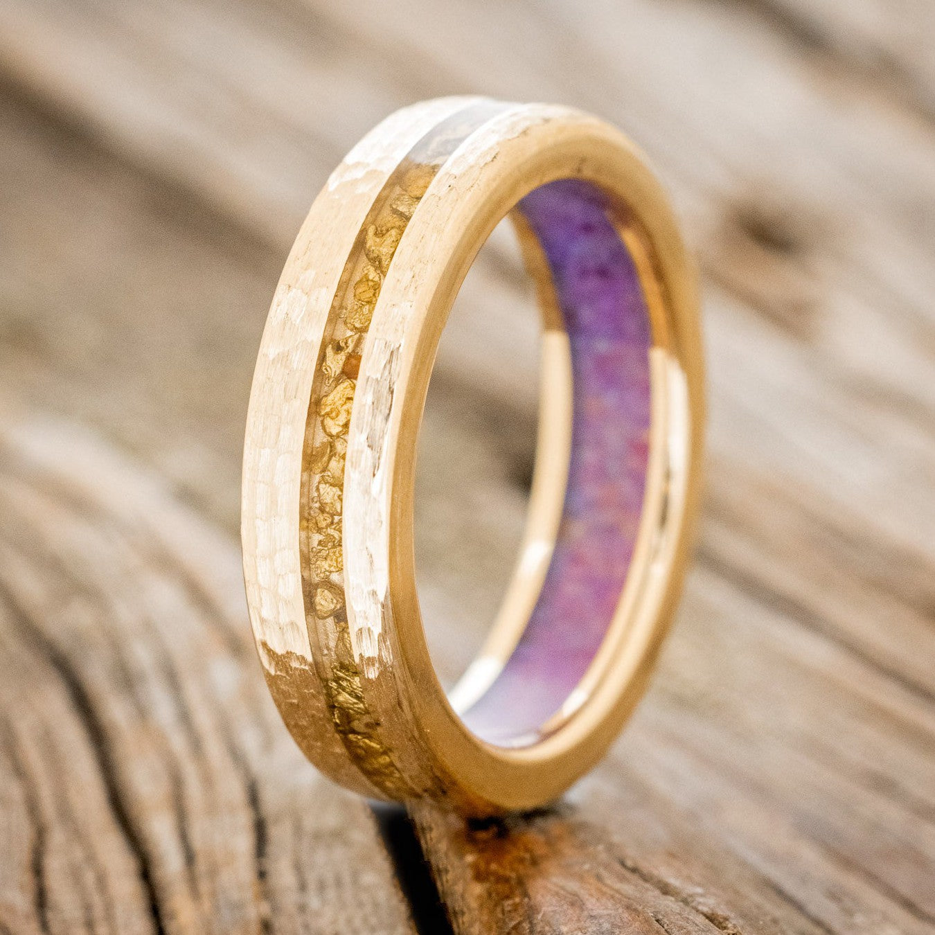 "VERTIGO" - GOLD NUGGETS INLAY WEDDING RING FEATURING A LAVENDER OPAL LINING WITH A HAMMERED FINISH-1