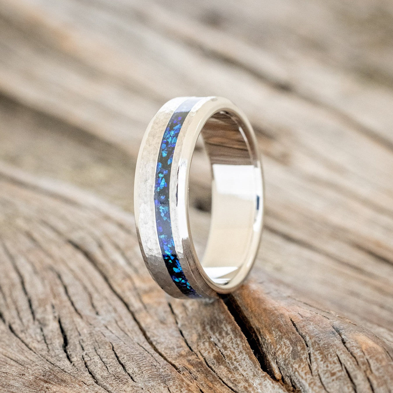 "VERTIGO" - JET STONE & BLACK EMERALD OPAL WEDDING BAND WITH A HAMMERED FINISH-1
