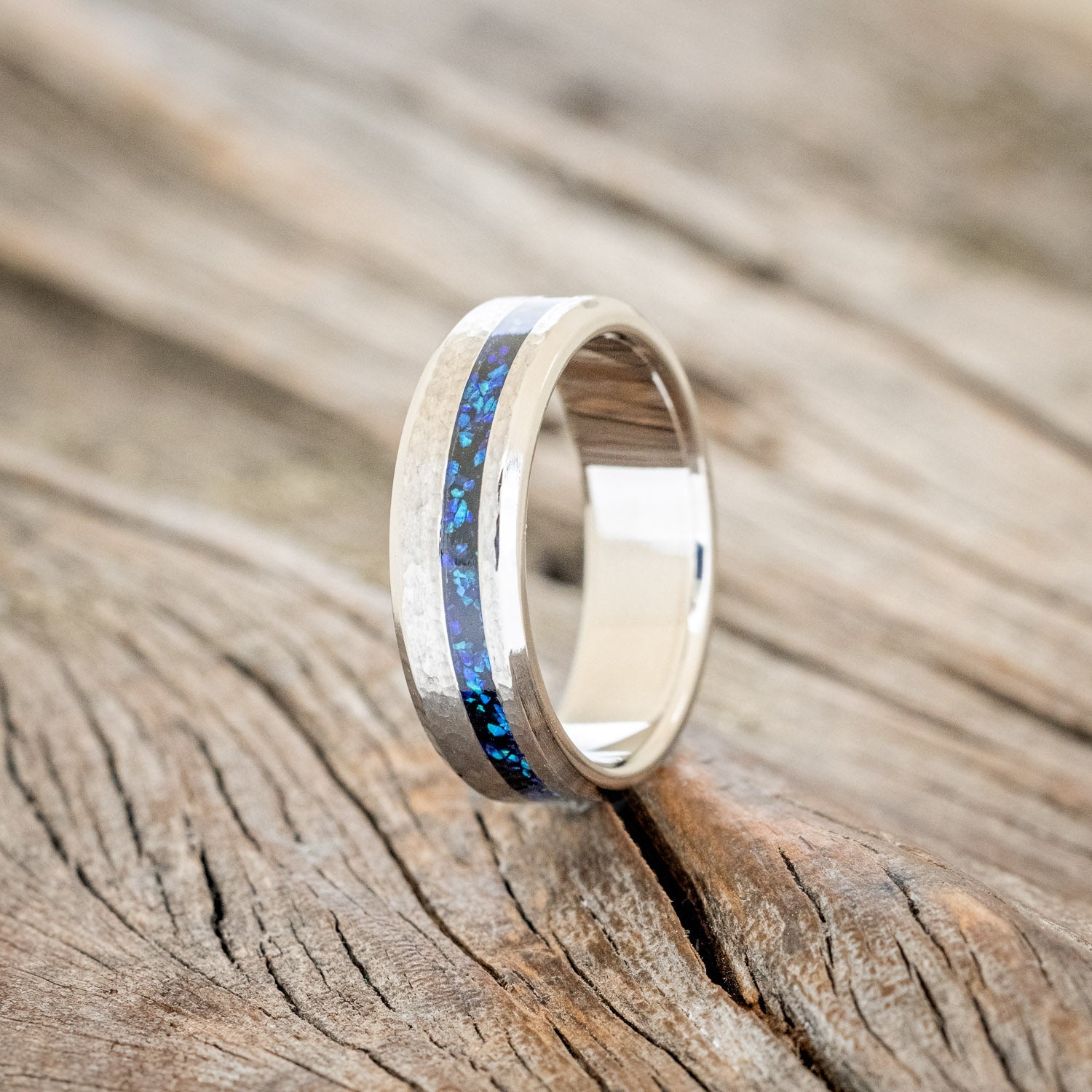 "VERTIGO" - JET STONE & BLACK EMERALD OPAL WEDDING RING FEATURING A HAMMERED FINISH - READY TO SHIP-1