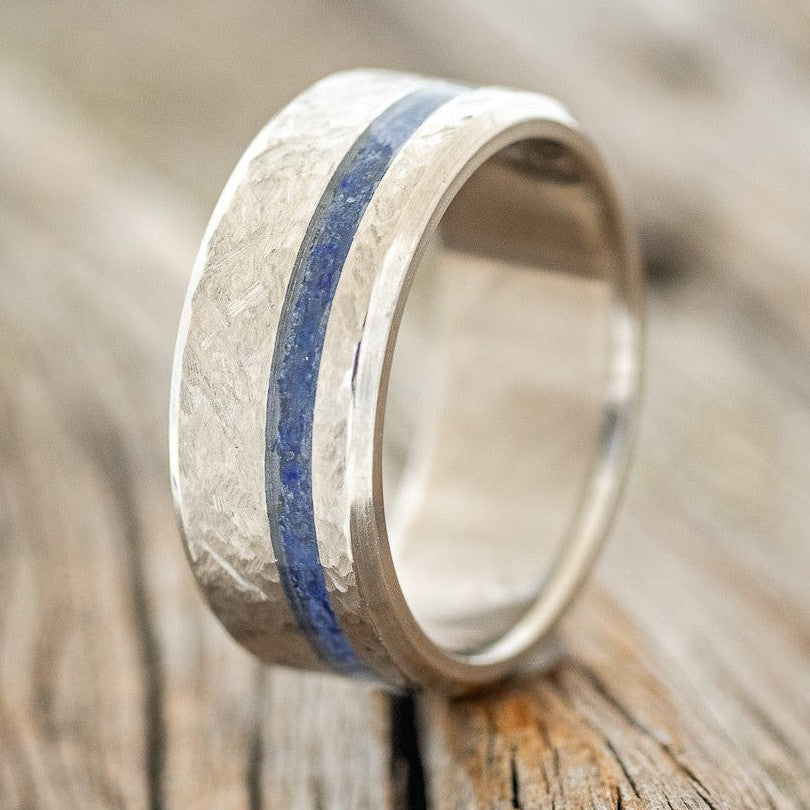"VERTIGO" - LAPIS LAZULI WEDDING BAND WITH A CROSSHATCHED FINISH-1
