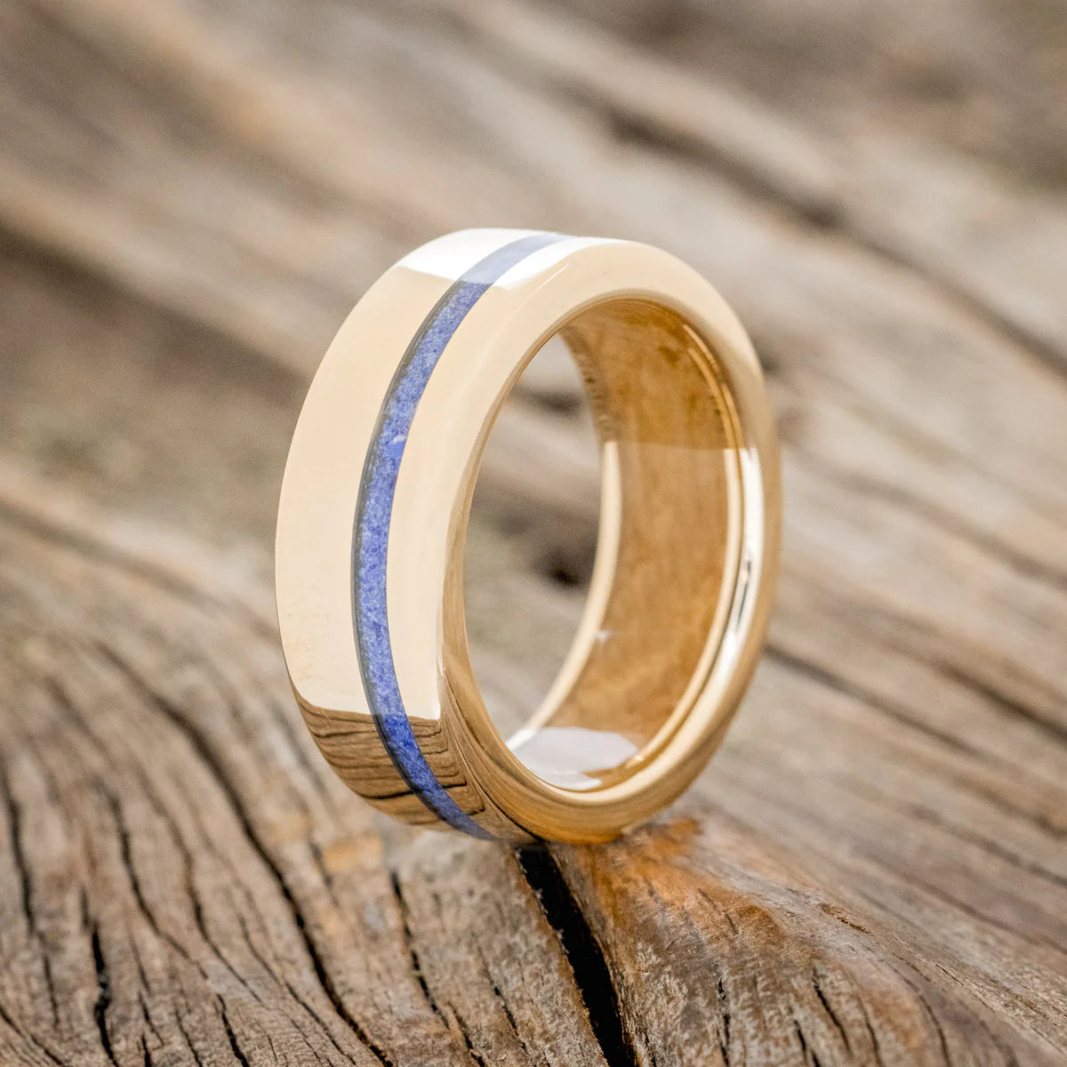 VERTIGO" - LAPIS LAZULI WEDDING RING FEATURING A WHISKEY BARREL LINED BAND - 14K YELLOW GOLD - SIZE 10 1/2-Staghead Designs