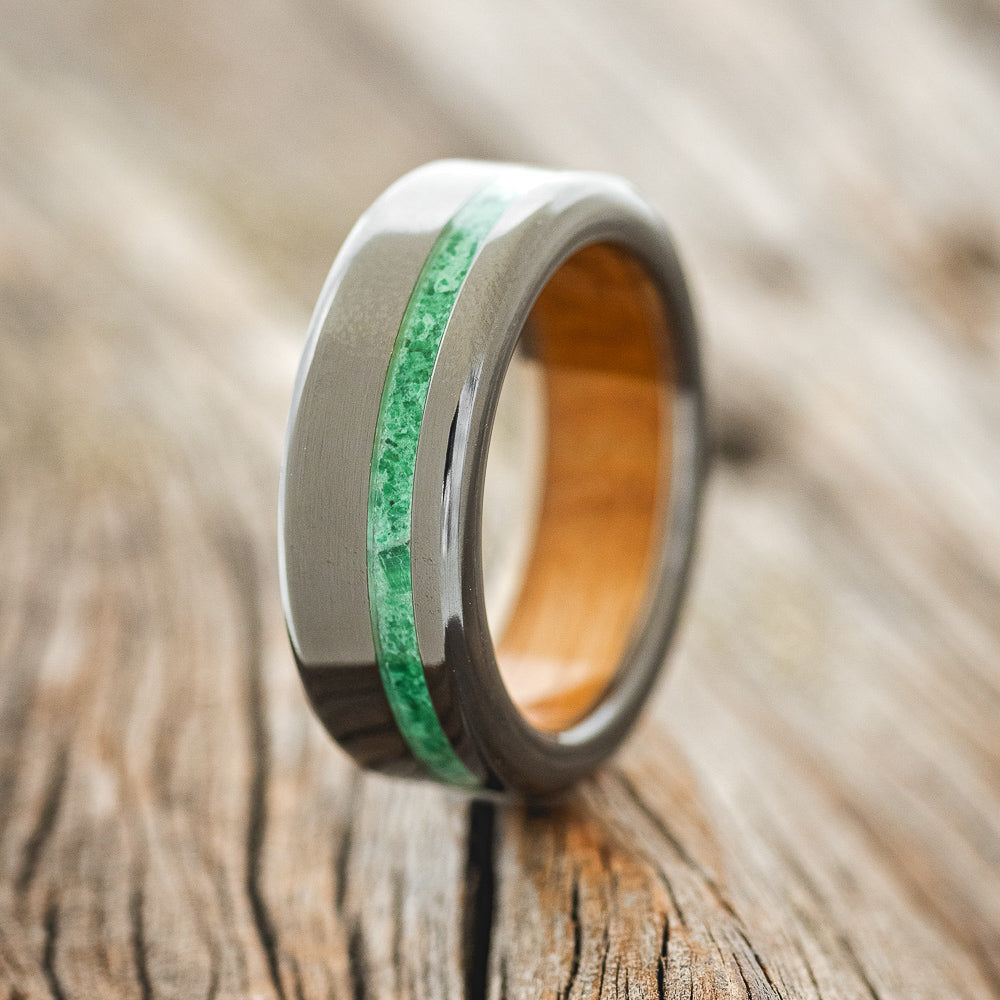 "VERTIGO" - MALACHITE WEDDING BAND FEATURING A WHISKEY BARREL LINING - READY TO SHIP-1