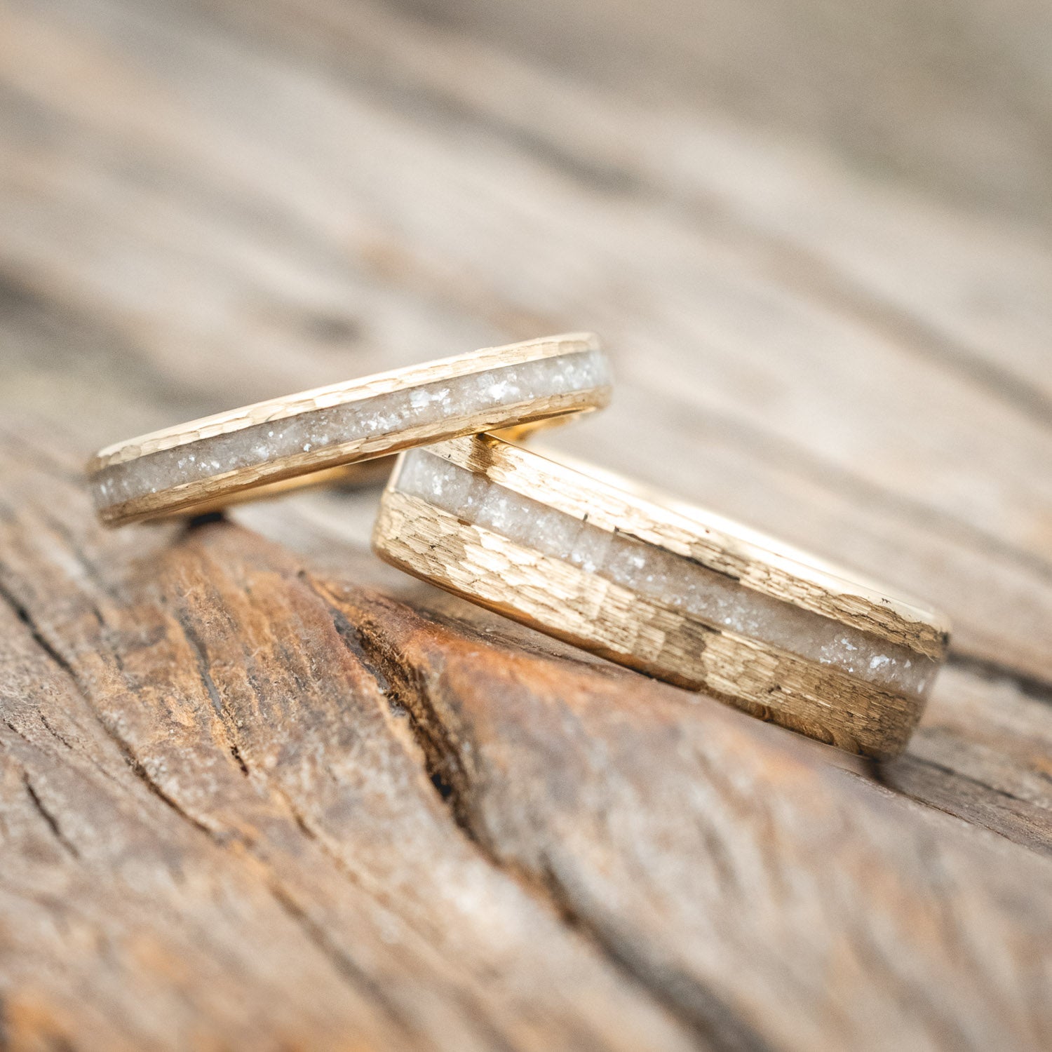 "VERTIGO" - MATCHING SET OF DIAMOND DUST WEDDING BANDS WITH HAMMERED FINISH-Staghead Designs