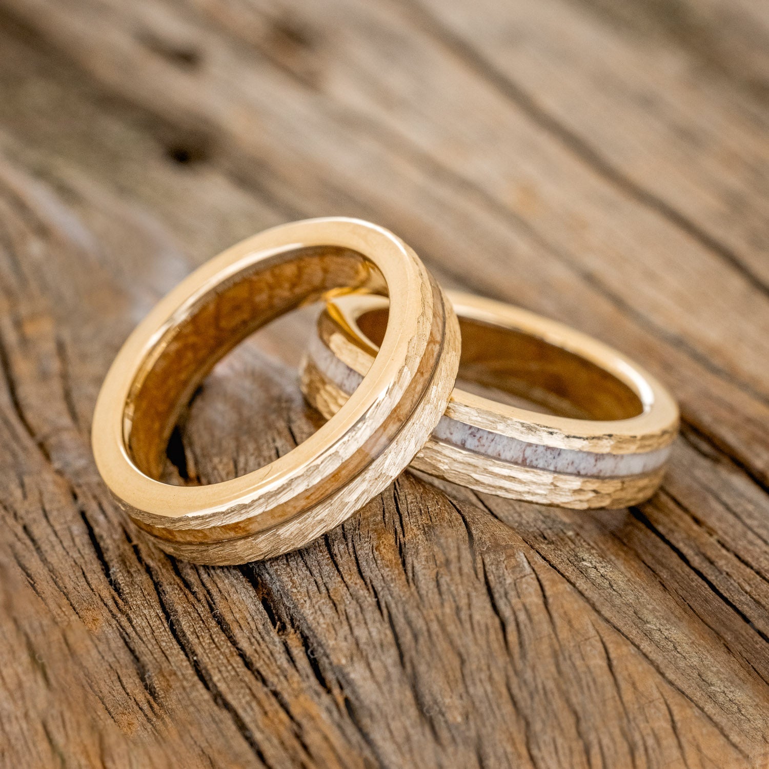 "VERTIGO" - MATCHING SET OF ELK ANTLER & WHISKEY BARREL LINING WEDDING BANDS WITH HAMMERED FINISH-1
