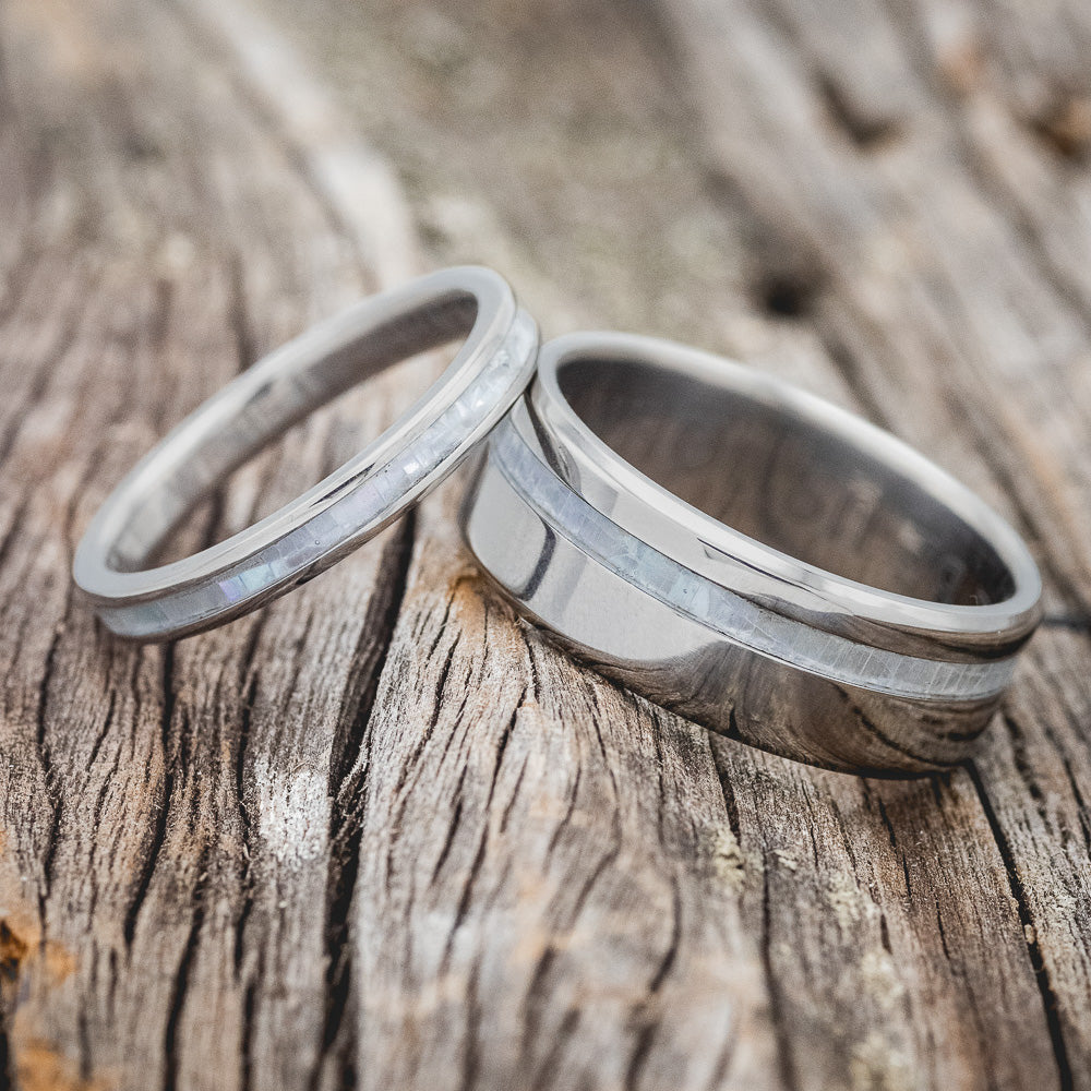 "VERTIGO" - MATCHING SET OF MOTHER OF PEARL WEDDING BANDS-1