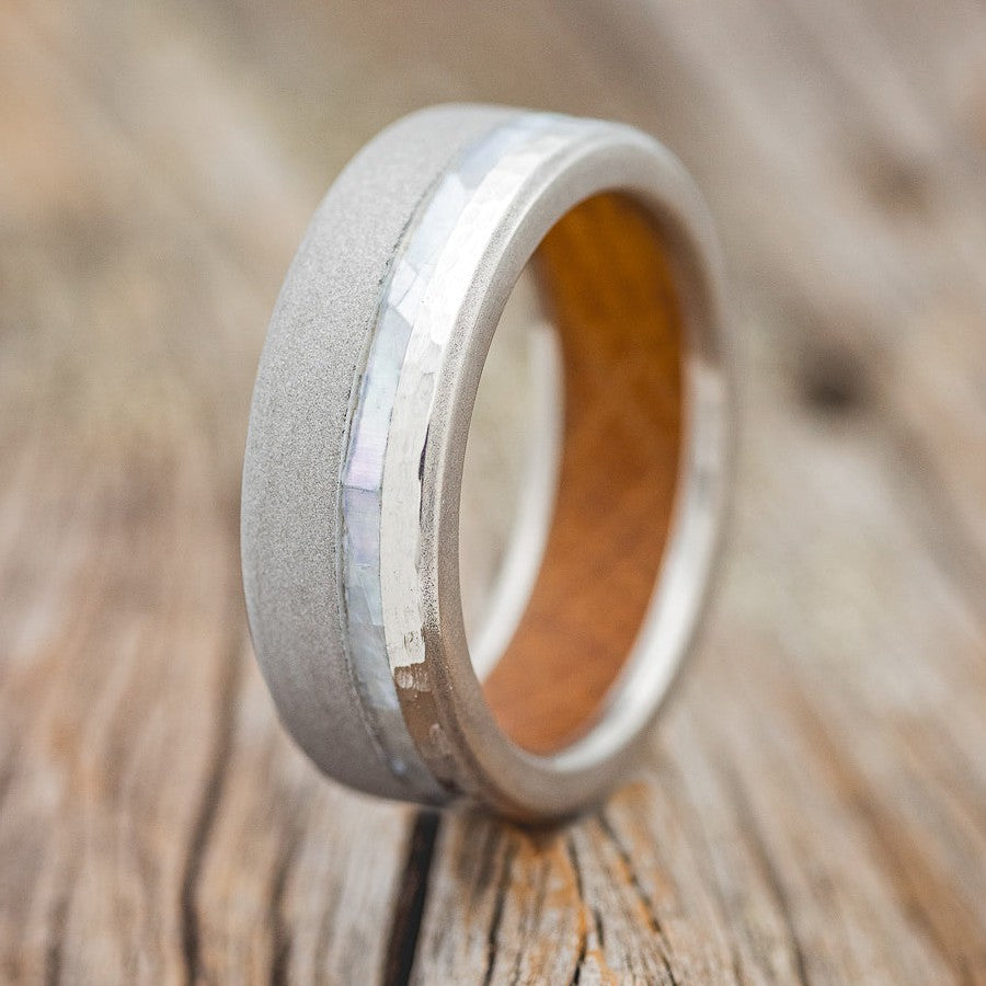 "VERTIGO" - MOTHER OF PEARL WEDDING RING WITH WHISKEY BARREL LINING FEATURING A HAMMERED & SANDBLASTED FINISH-1
