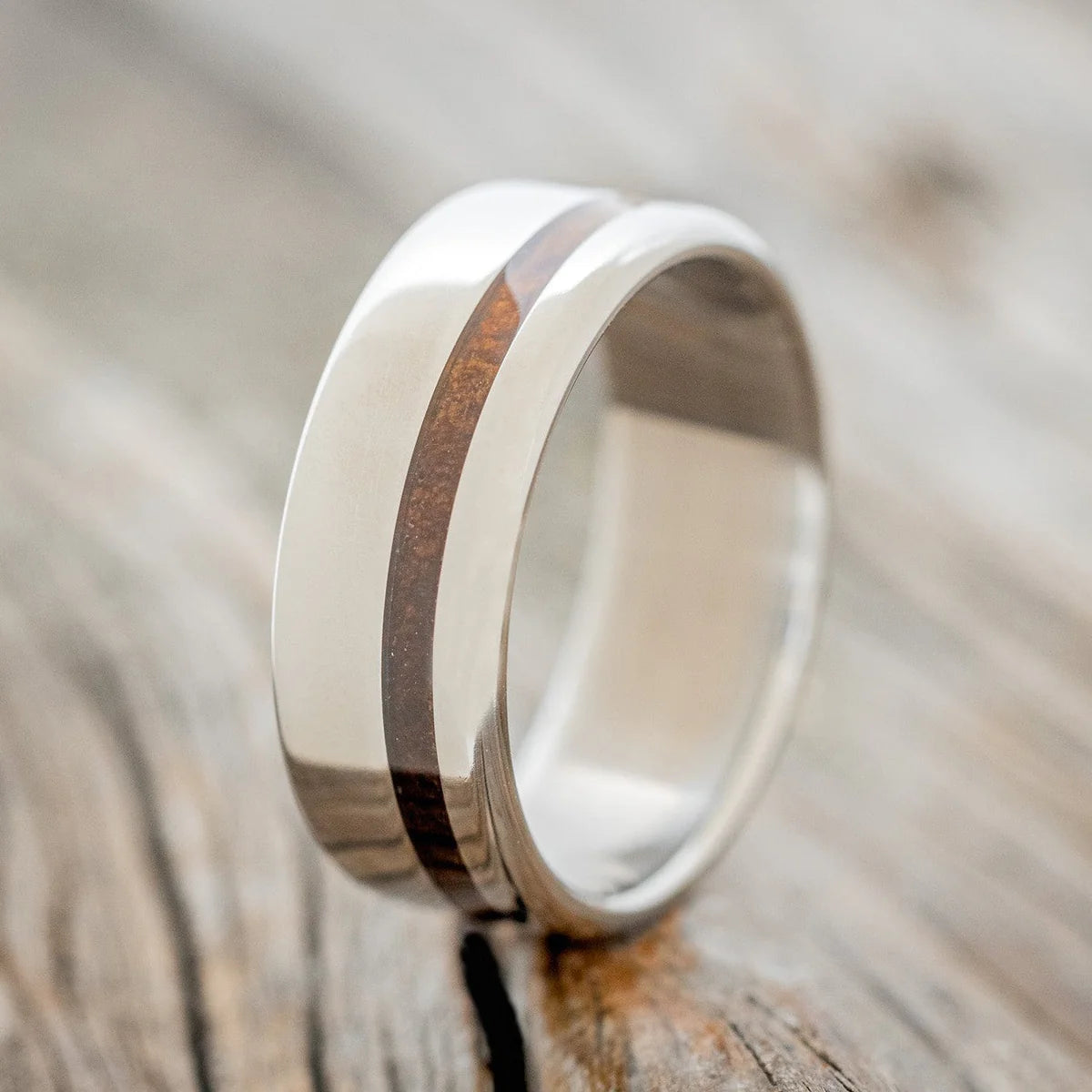 "VERTIGO" - OFFSET KOA WOOD WEDDING BAND - TITANIUM - SIZE 9-Staghead Designs