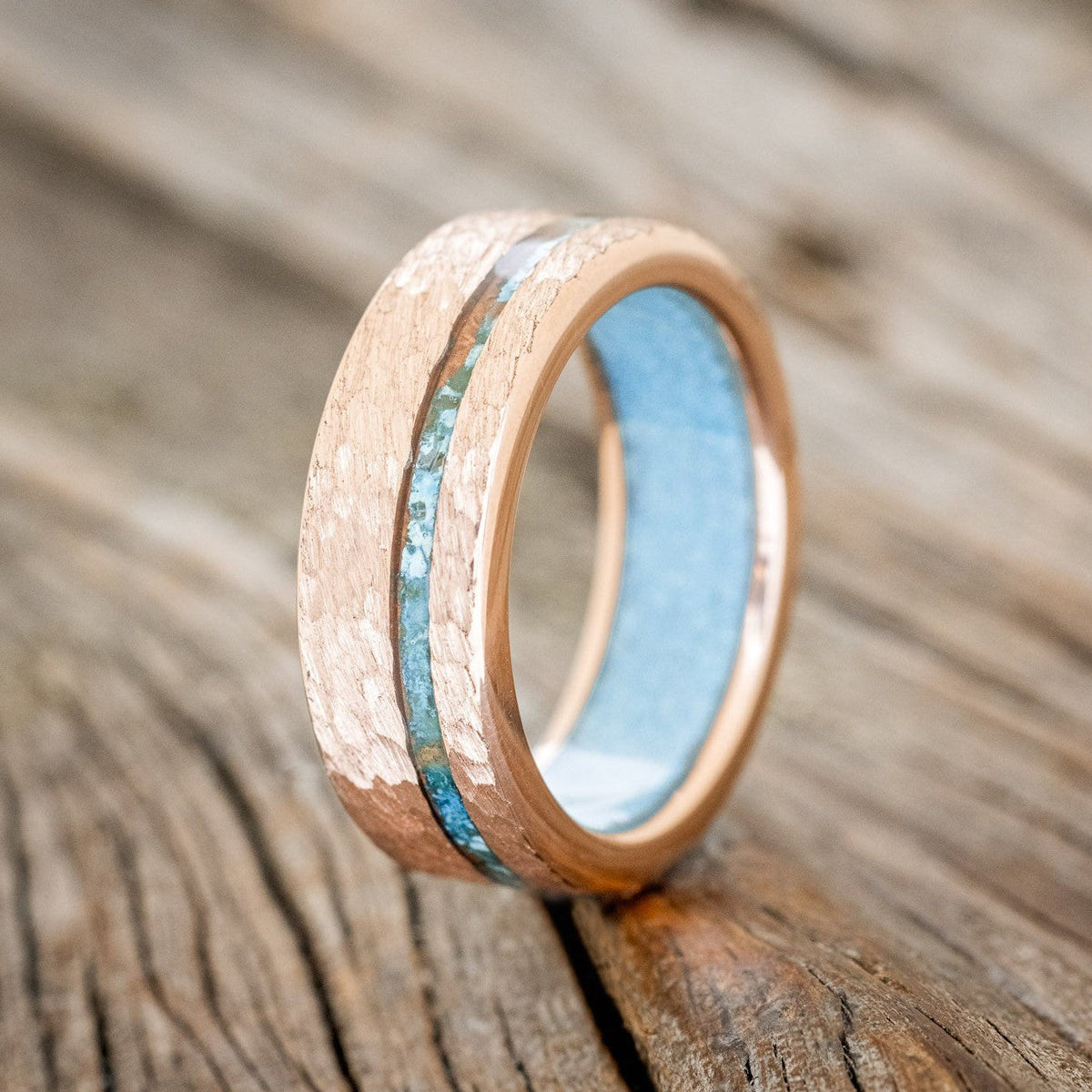 Vertigo Patina Copper Wedding Ring Featuring A Turquoise 14K Rose Gold