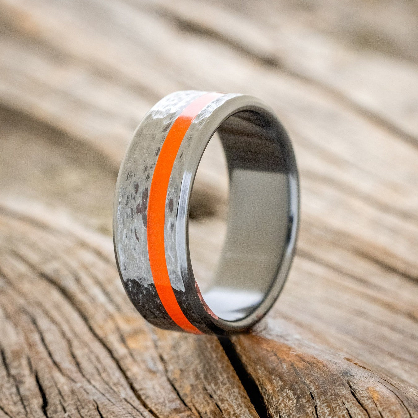 "VERTIGO" - RED GLOW IN THE DARK INLAY WEDDING BAND WITH A HAMMERED FINISH-1