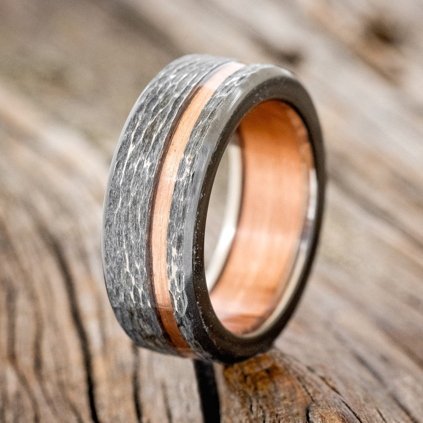 "VERTIGO" - RUSTIC COPPER WEDDING RING FEATURING A COPPER LINING & HAMMERED BLACK ZIRCONIUM BAND-1