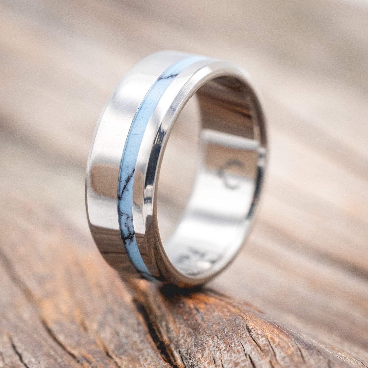 "Vertigo" - men's wedding band featuring turquoise & black matrix TruStone inlay.