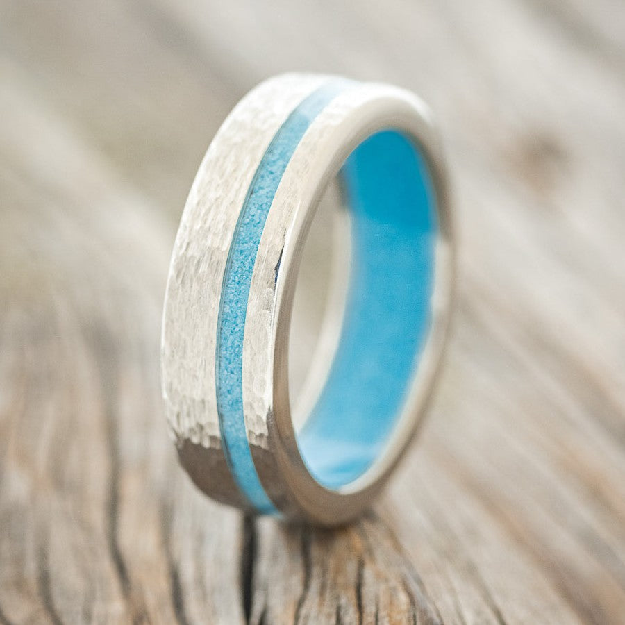 "VERTIGO" - TURQUOISE INLAY & LINED WEDDING BAND WITH A HAMMERED FINISH-1