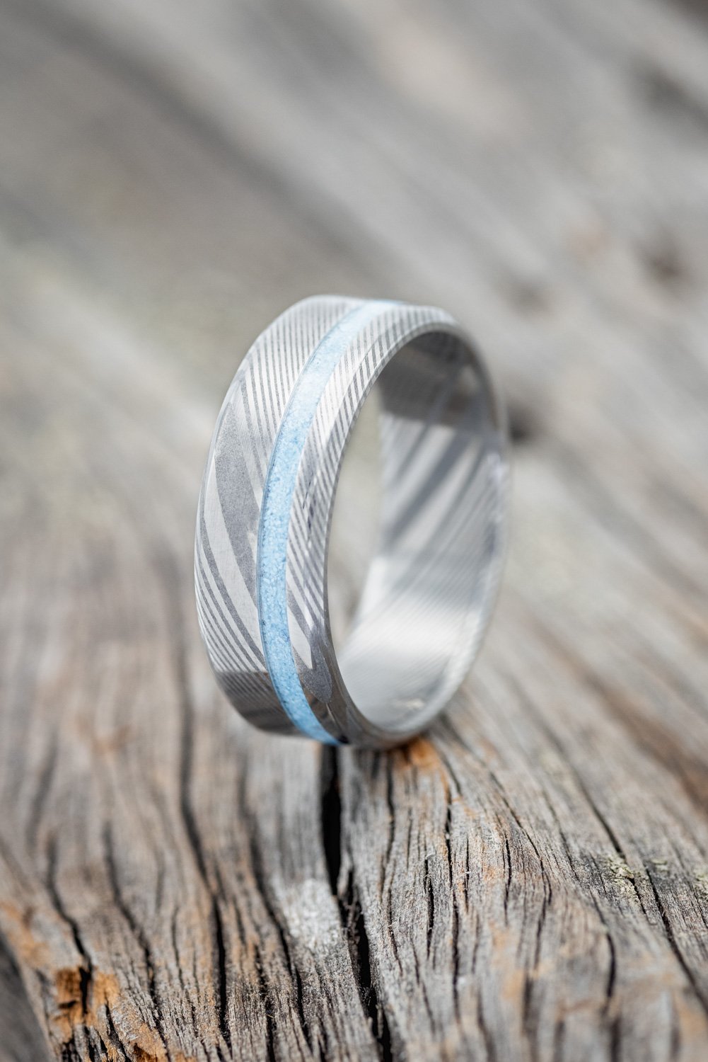 "VERTIGO" - TURQUOISE WEDDING BAND - DAMASCUS STEEL - SIZE 10 1/2-1