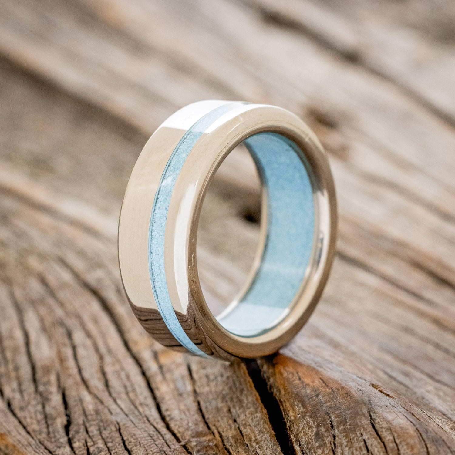 "VERTIGO" - TURQUOISE WEDDING RING FEATURING A TURQUOISE LINED BAND - READY TO SHIP-1