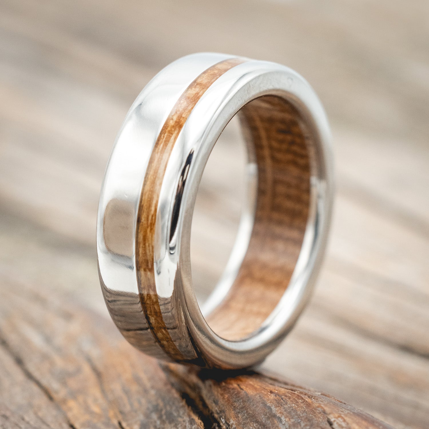 "VERTIGO" - WHISKEY BARREL OAK INLAY & LINING WEDDING RING-Staghead Designs