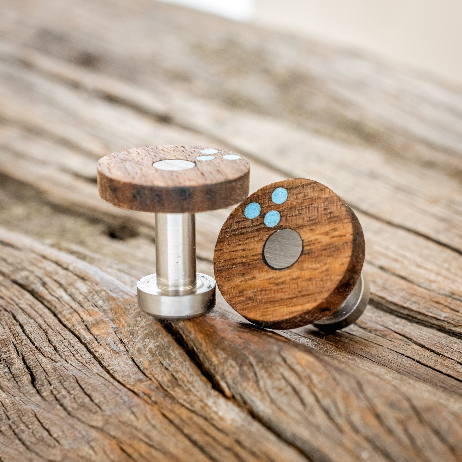WALNUT & TURQUOISE CUFFLINKS WITH TITANIUM BASES-1