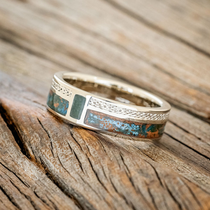 "BOWER" - PATINA COPPER & MOSS AGATE WEDDING BAND WITH CELTIC SAILOR'S KNOT ENGRAVINGS-5