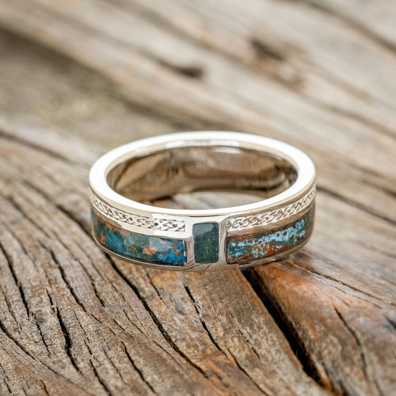 "BOWER" - PATINA COPPER & MOSS AGATE WEDDING BAND WITH CELTIC SAILOR'S KNOT ENGRAVINGS-6