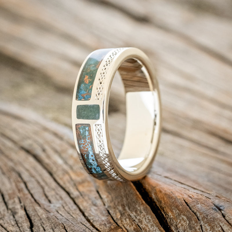 "BOWER" - PATINA COPPER & MOSS AGATE WEDDING BAND WITH CELTIC SAILOR'S KNOT ENGRAVINGS-4