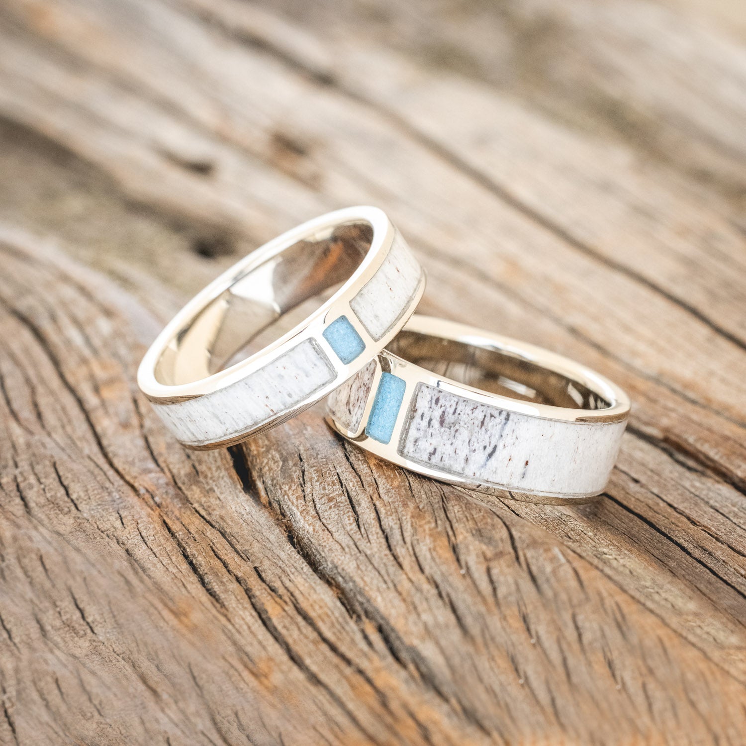 "CASPIAN" - MATCHING SET OF ANTLER & TURQUOISE WEDDING BANDS-8