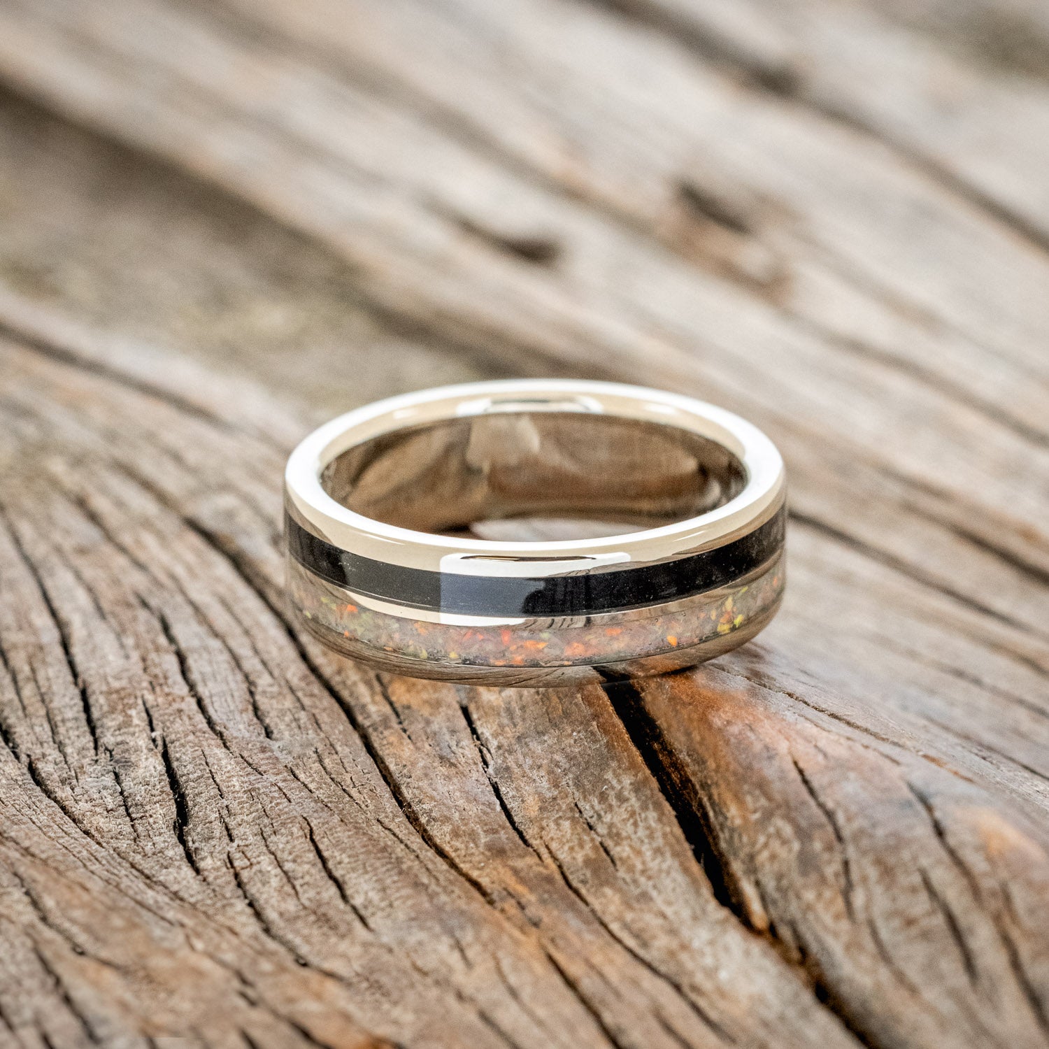 "DYAD" - FIRE AND ICE OPAL & JET STONE WEDDING BAND-3