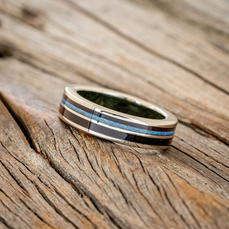 "DYAD" - KOA WOOD & BLUE OPAL WEDDING RING FEATURING A MOSS LINED BAND-2