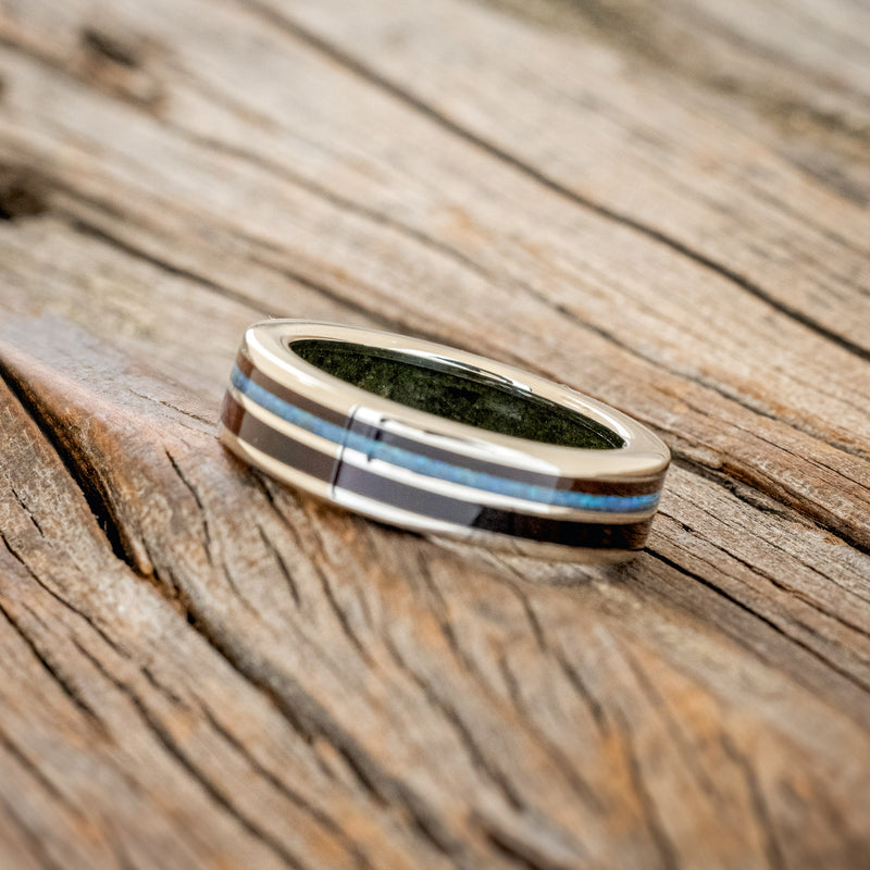 "DYAD" - KOA WOOD & BLUE OPAL WEDDING RING FEATURING A MOSS LINED BAND-5