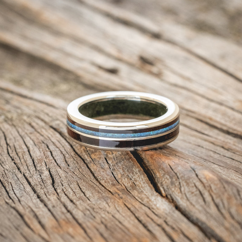 "DYAD" - KOA WOOD & BLUE OPAL WEDDING RING FEATURING A MOSS LINED BAND-3