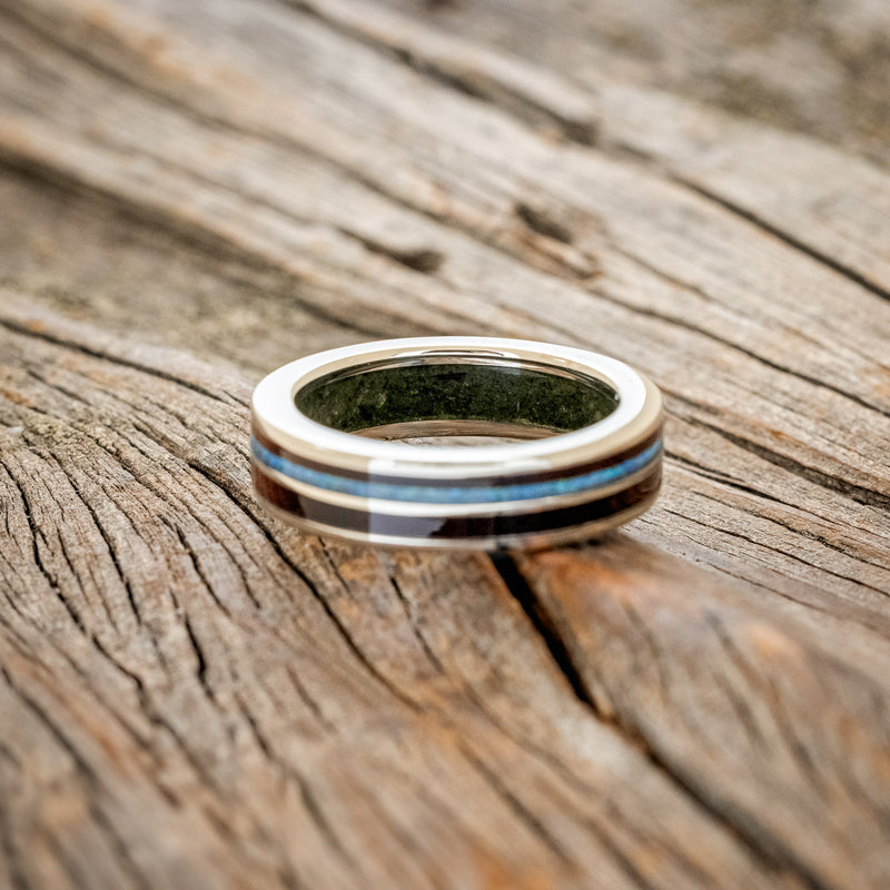 "DYAD" - KOA WOOD & BLUE OPAL WEDDING RING FEATURING A MOSS LINED BAND-6