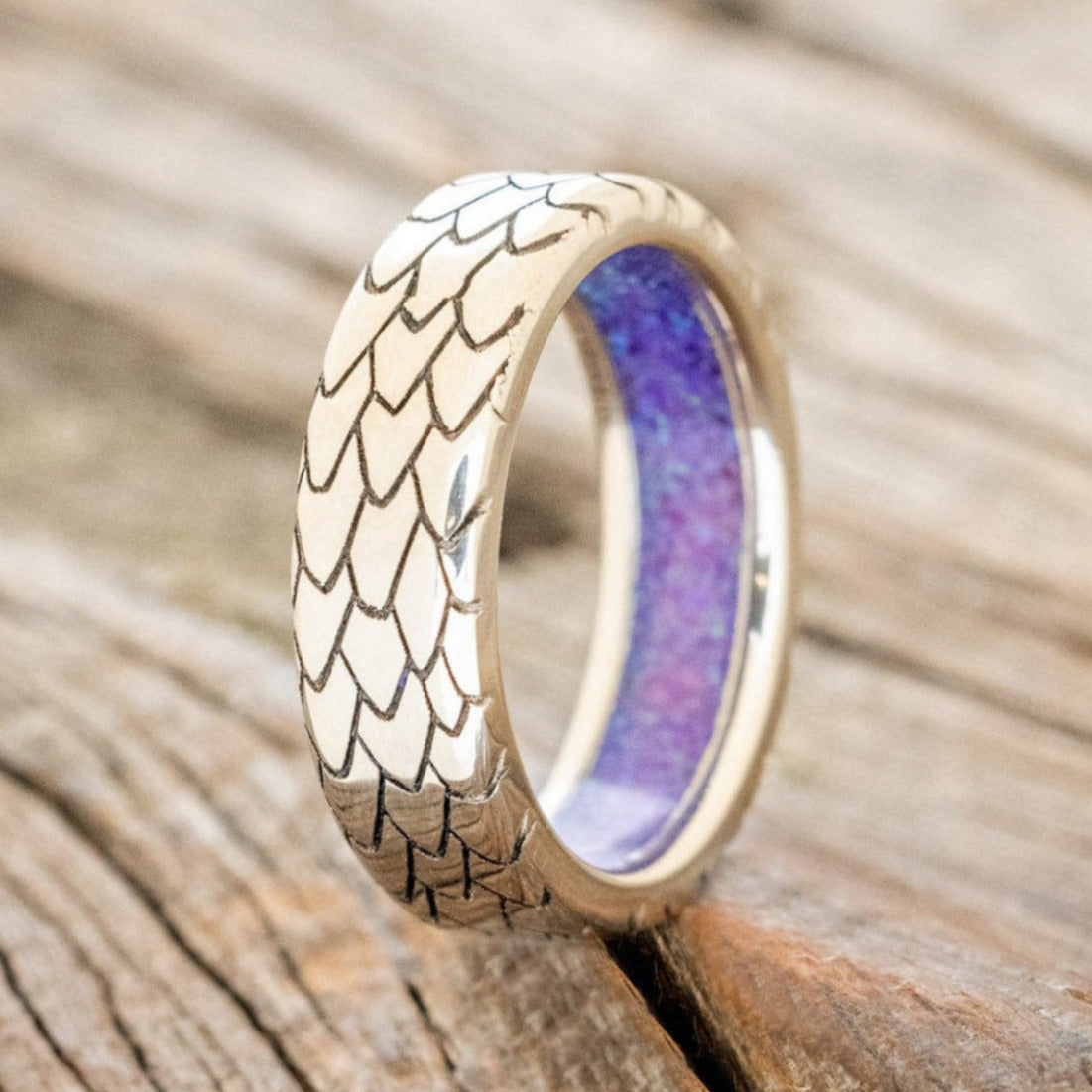 "Echo" - Dragon Scale Wedding Ring Featuring A Starburst Opal Lined Band-Staghead Designs