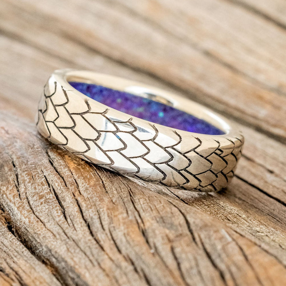 "Echo" - Dragon Scale Wedding Ring Featuring A Starburst Opal Lined Band-Staghead Designs