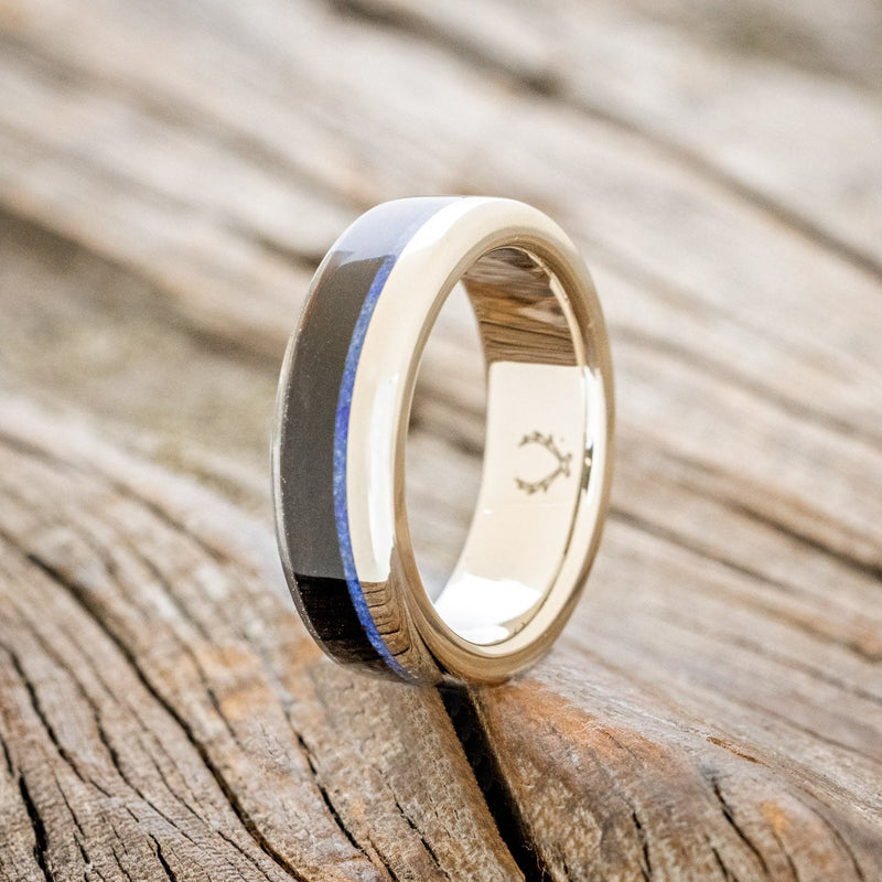 "EZRA" - LAPIS LAZULI & IRONWOOD WEDDING RING FEATURING A 14K GOLD BAND-1