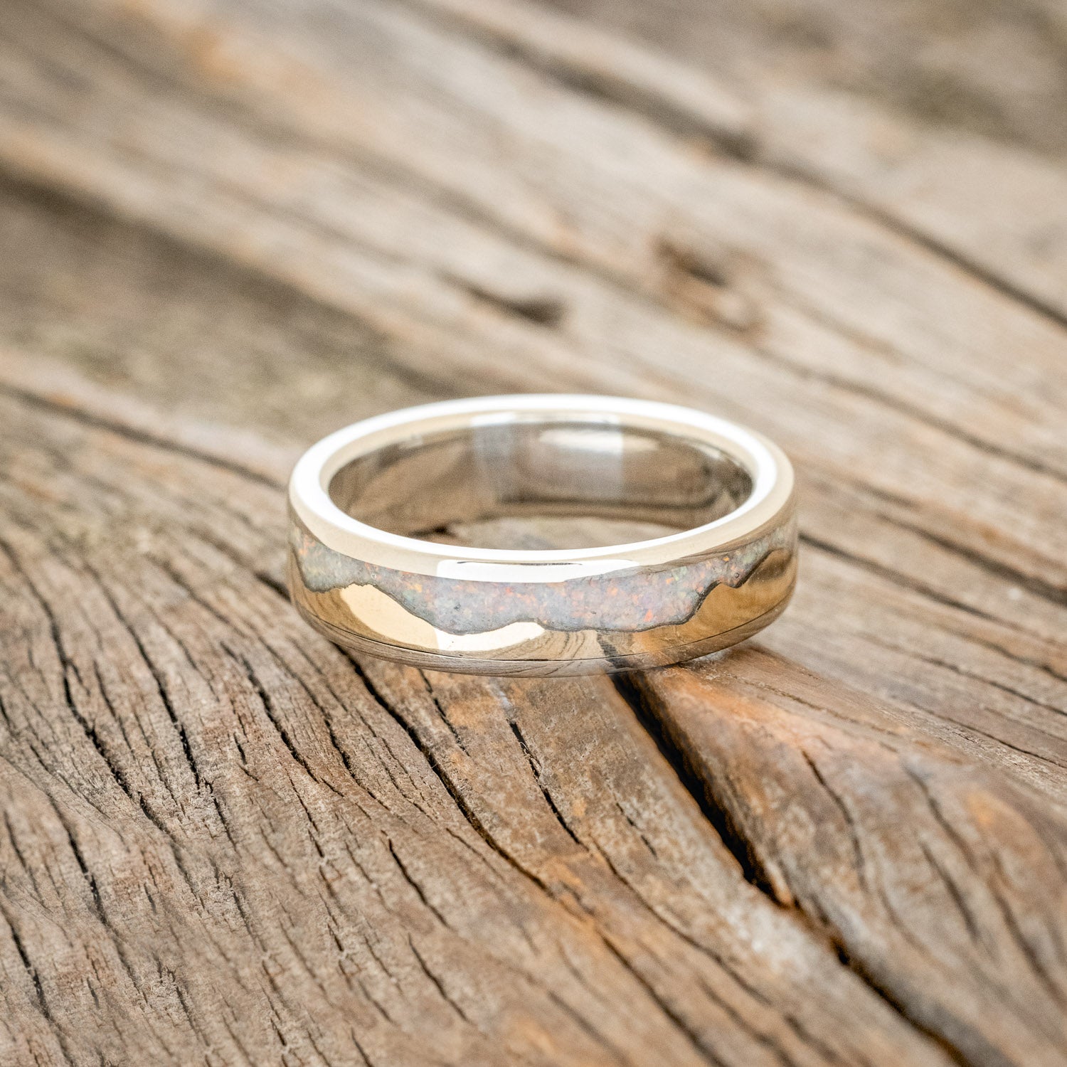 "HELIOS" - FIRE AND ICE OPAL & GOLD MOUNTAIN RANGE WEDDING RING FEATURING A 14K GOLD BAND-3