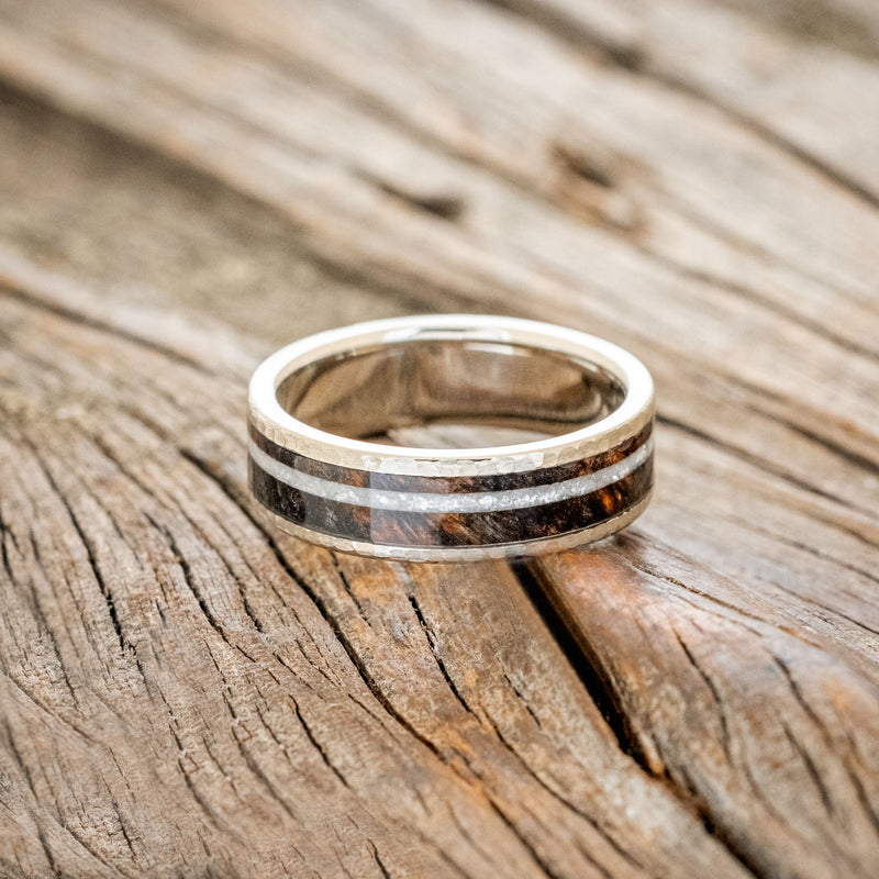 "RAINIER" - DIAMOND DUST & DARK MAPLE WOOD WEDDING RING FEATURING A HAMMERED 14K GOLD BAND-3